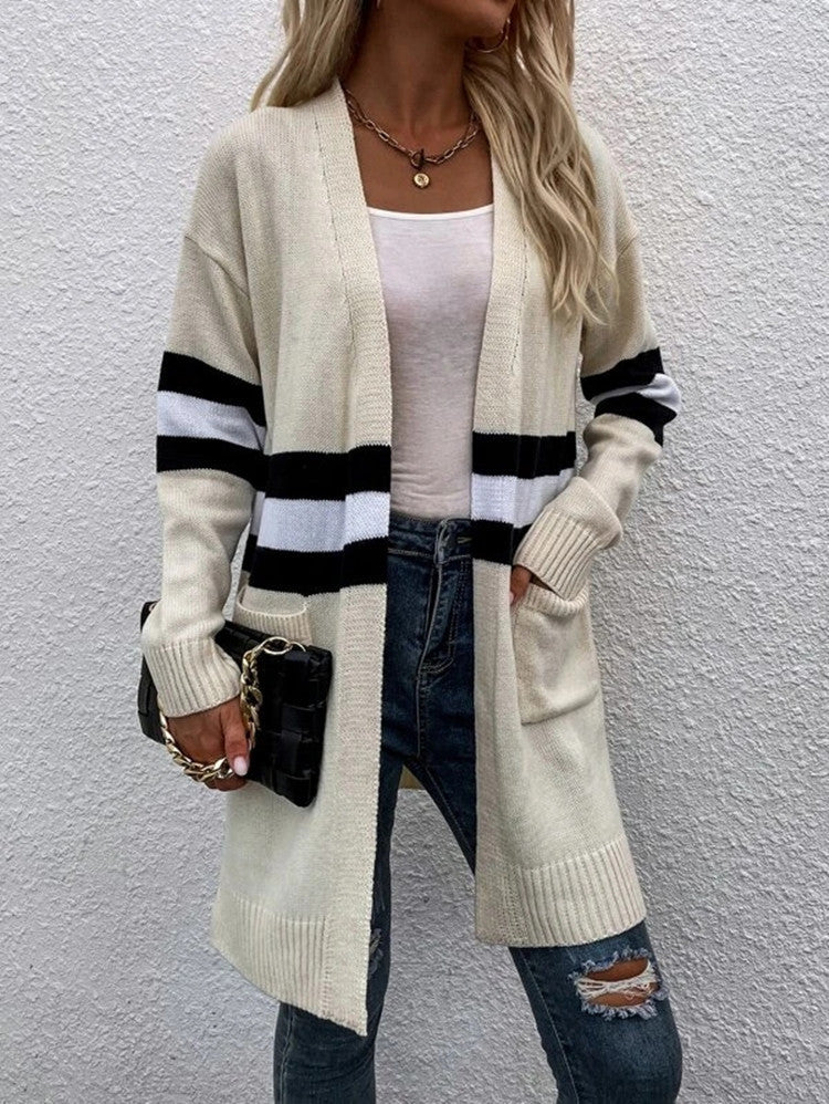 Damen Cardigan Grobstrick Lässige Streifen Taschen Beige