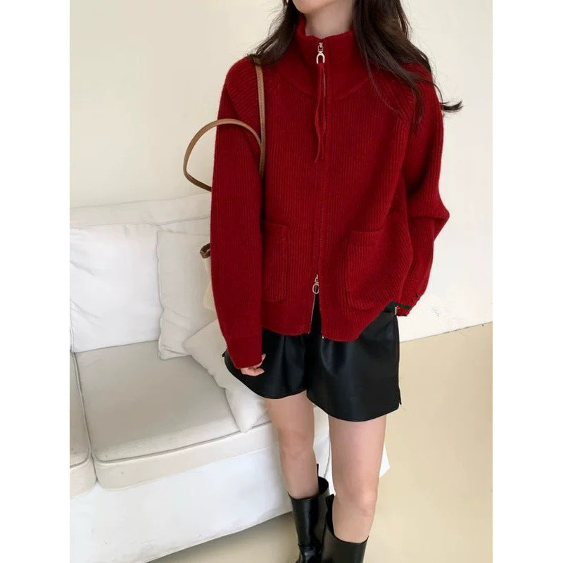 Damen Strickjacke Hochkragen Mit Taschen Eveloria