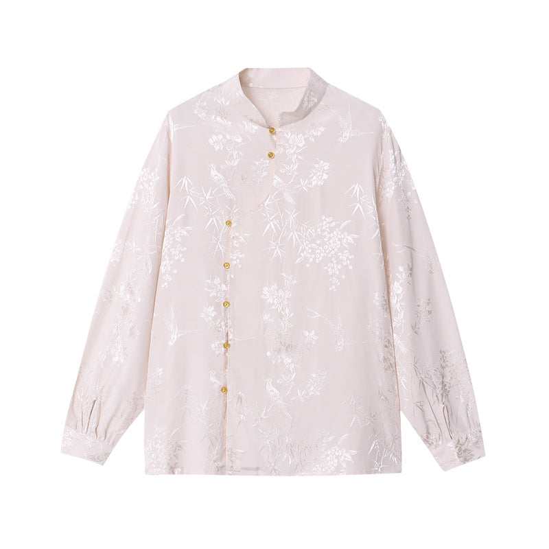 Damen Bluse Florale Stickerei Raffinierte Knöpfe Pastell