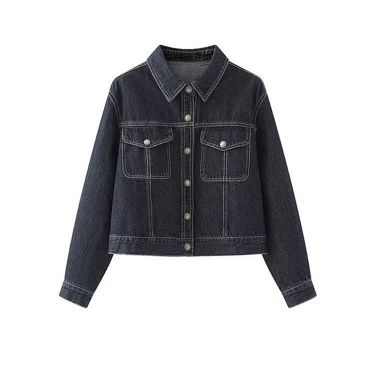 Damen Jeansjacke Klassischer Kragen 2 Brusttaschen Blau Eveloria