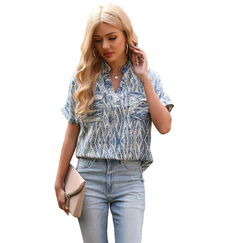 Damen Kurzarmbluse Modernes Muster Baumwolle Blau