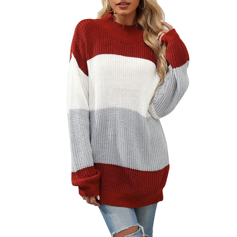 Damen Strickpullover Hoher Kragen Blockstreifen Eveloria
