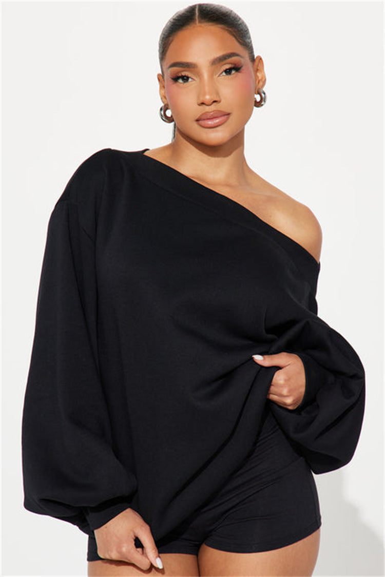 Damen Oversized Sweatshirt Asymmetrischer Ausschnitt Ballonärmel Grau