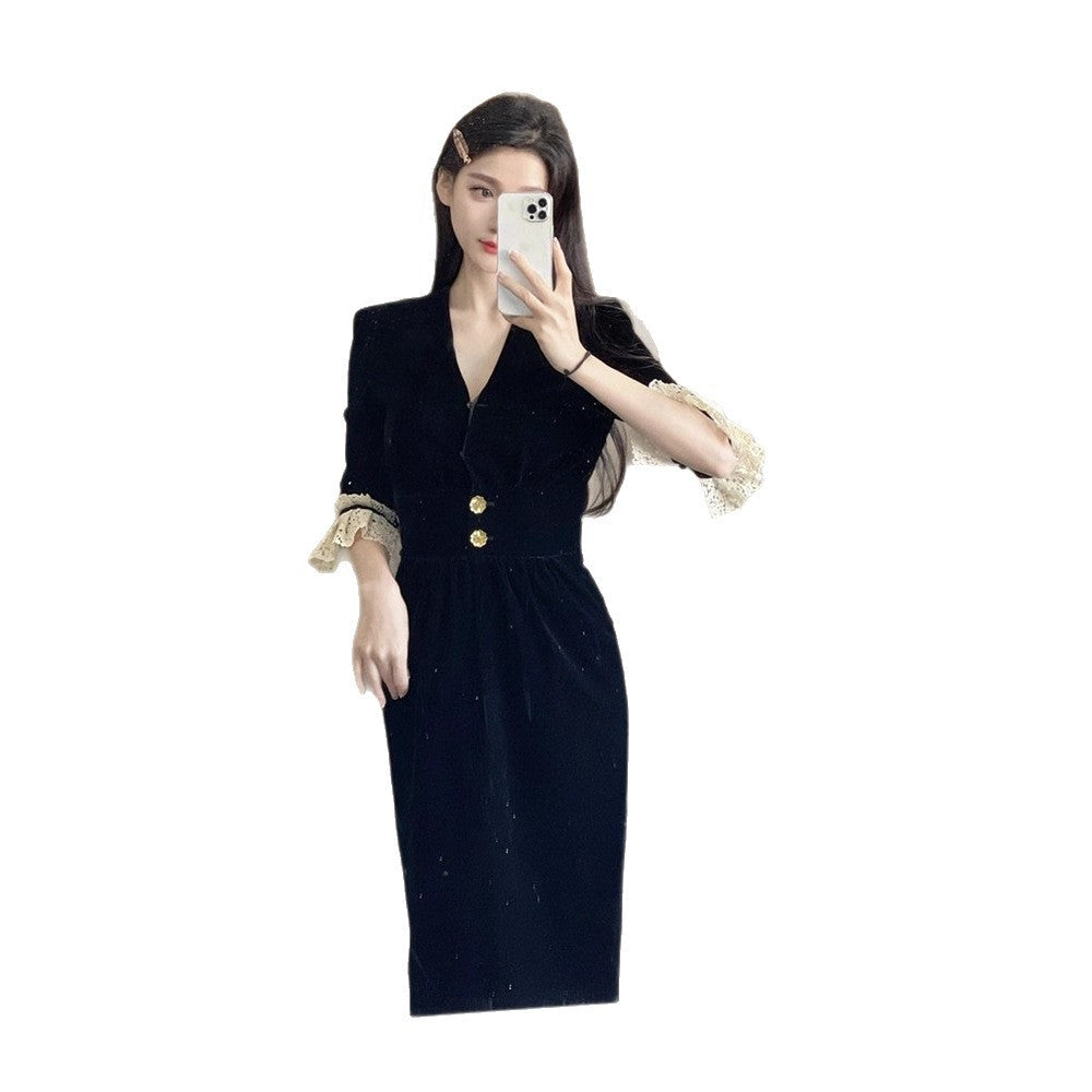 Damen Kleid Spitzenärmel Dekorative Knöpfe Eveloria