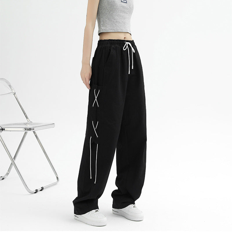 Damen Cargo-Hose Weit mit Schnürung Beige