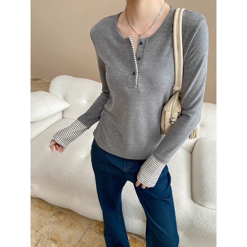 Damen Langarmshirt Gestreift mit Knopfverschluss