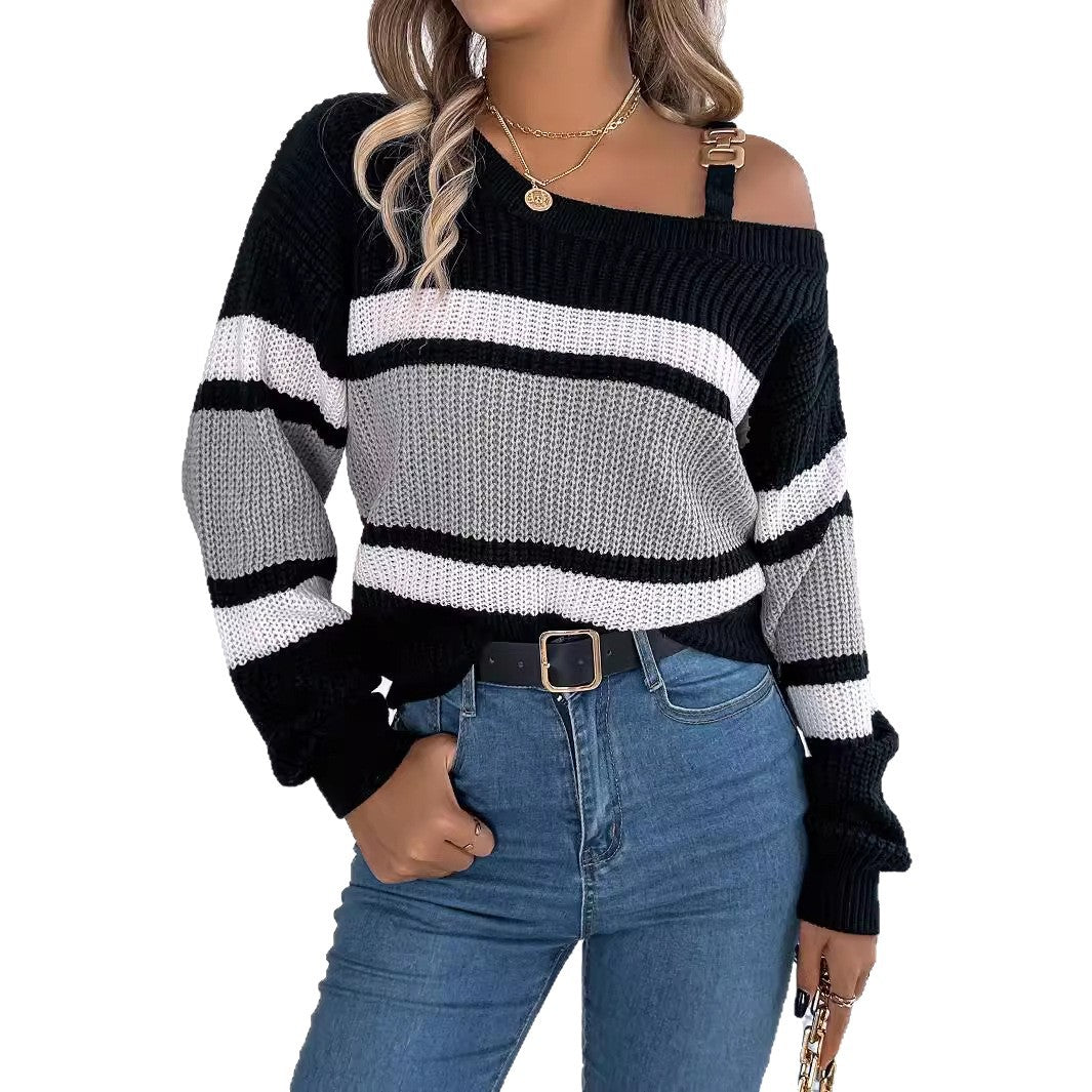 Damen Off-Shoulder Pullover Streifen Modischer Träger