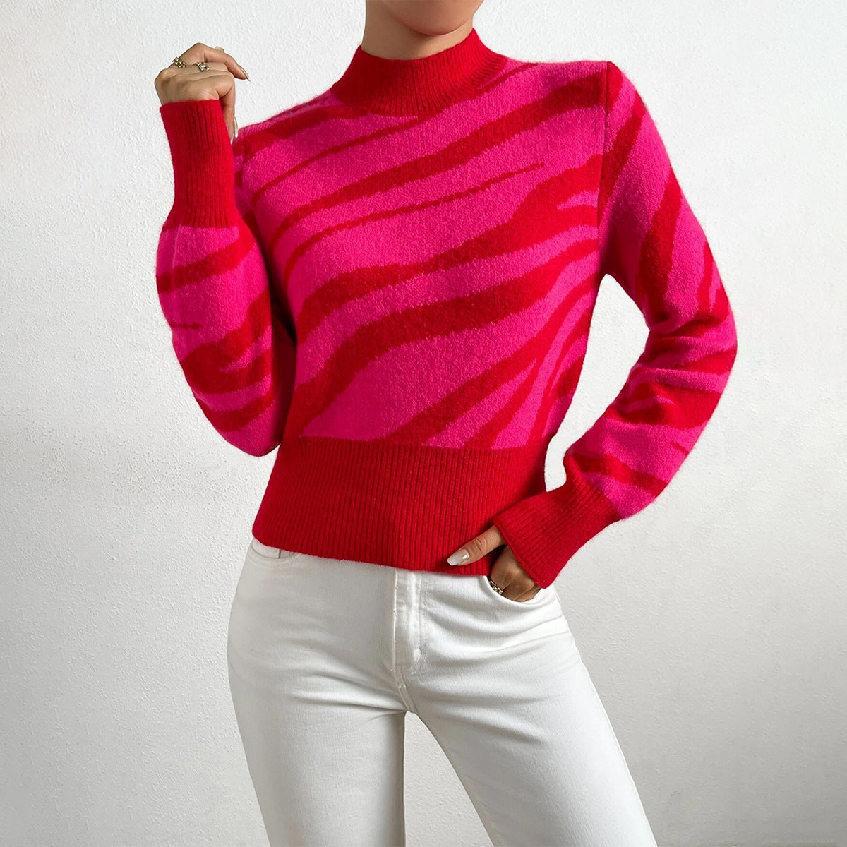 Eveloria Damen Strickpullover Zebra-Muster Semihoher Kragen