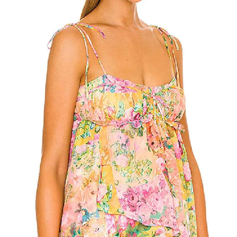 Damen Minikleid Floral mit Spaghettiträgern und Rüschendetails