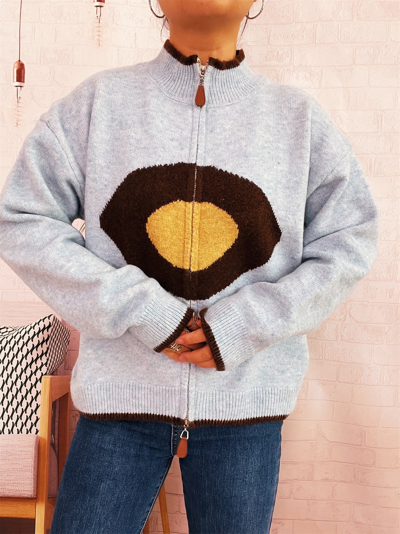 Damen Strickpullover Reißverschluss Kuscheliger Look