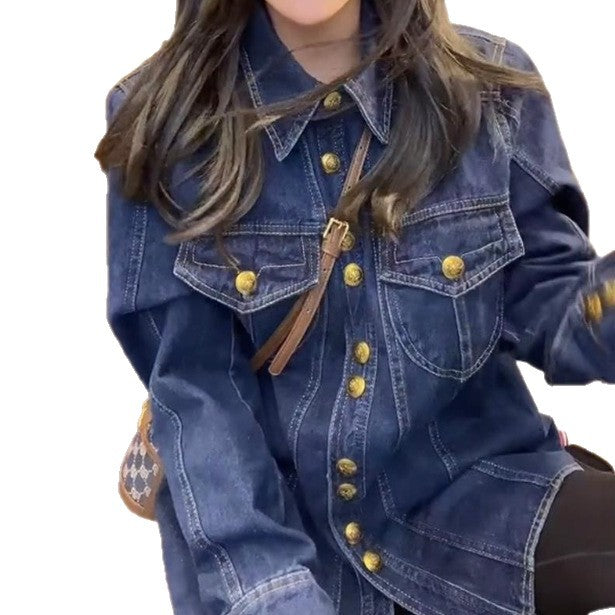 Damen Jeansjacke Mit Goldknöpfen Blau Eveloria