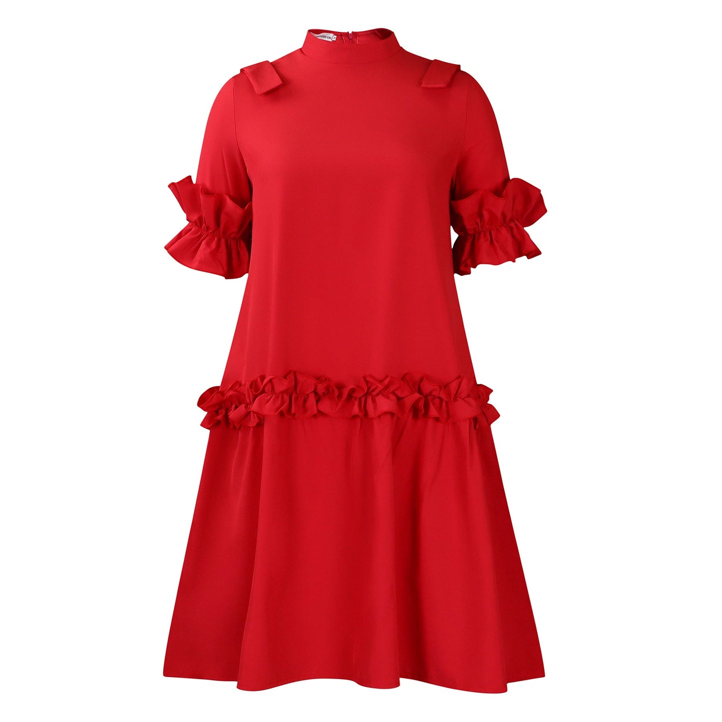 Damen Midikleid Voluminöse Rüschenärmel Stehkragen Elegant