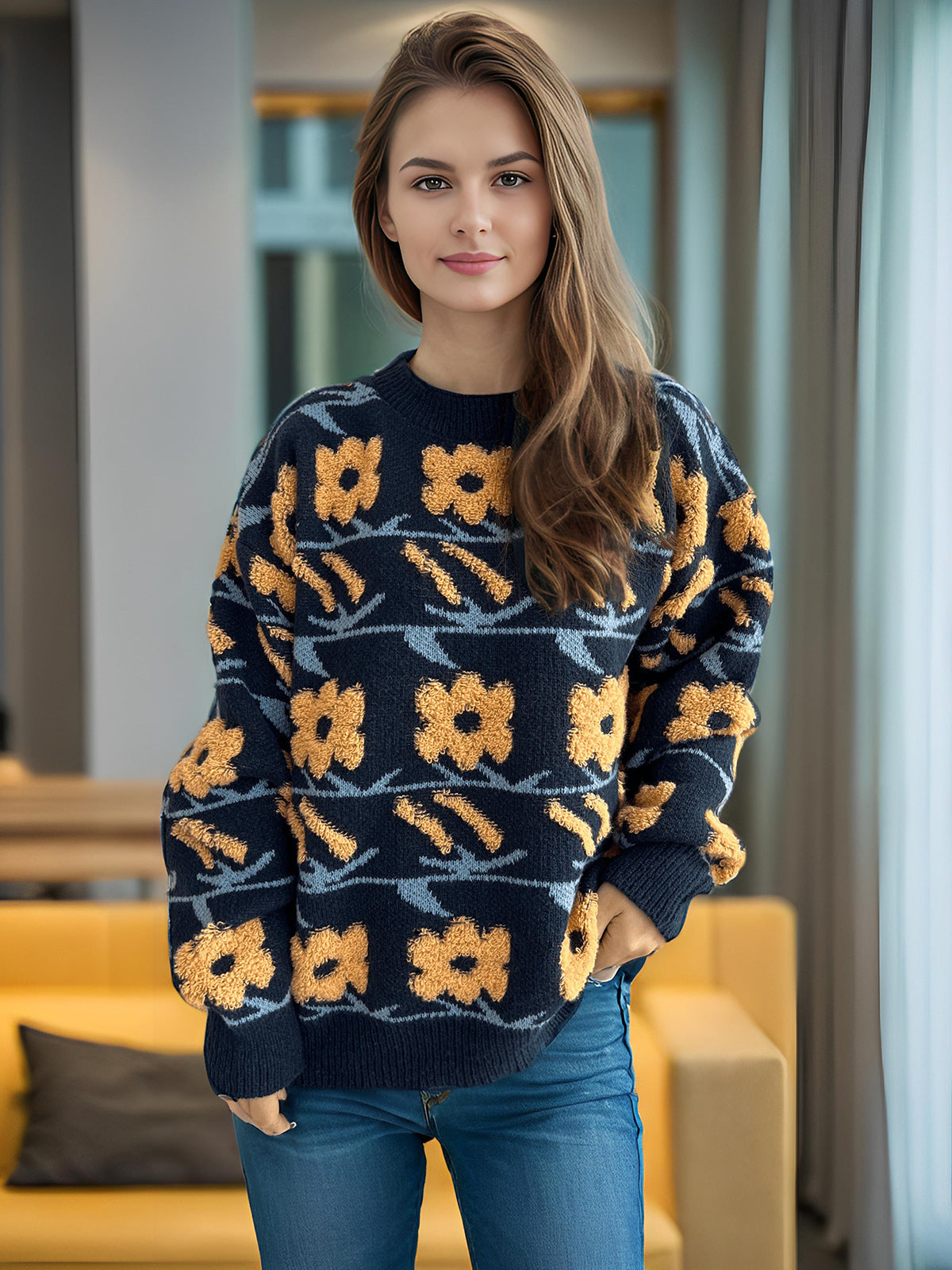 Damen Strickpullover Kuscheliger Floralmuster 3D-Applikationen