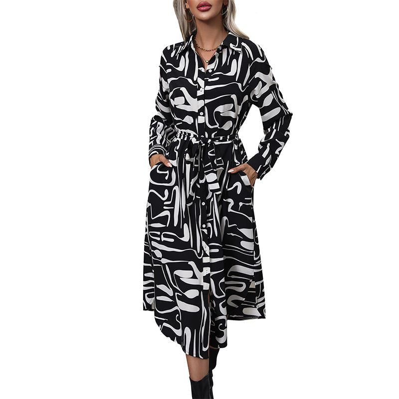 Damen Langarmhemdkleid mit Muster und Taillengürtel Eveloria