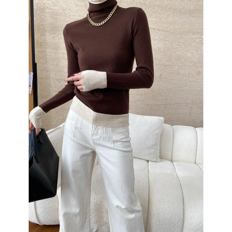 Damen Rollkragenpullover Kontrastärmel Eveloria