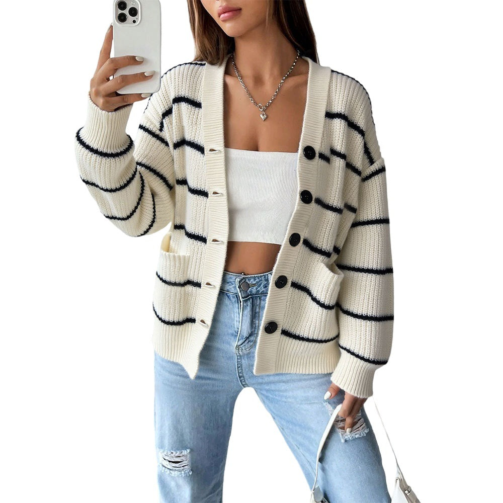 Damen Strickcardigan Kurzarm Gestreift mit Knöpfen und Taschen
