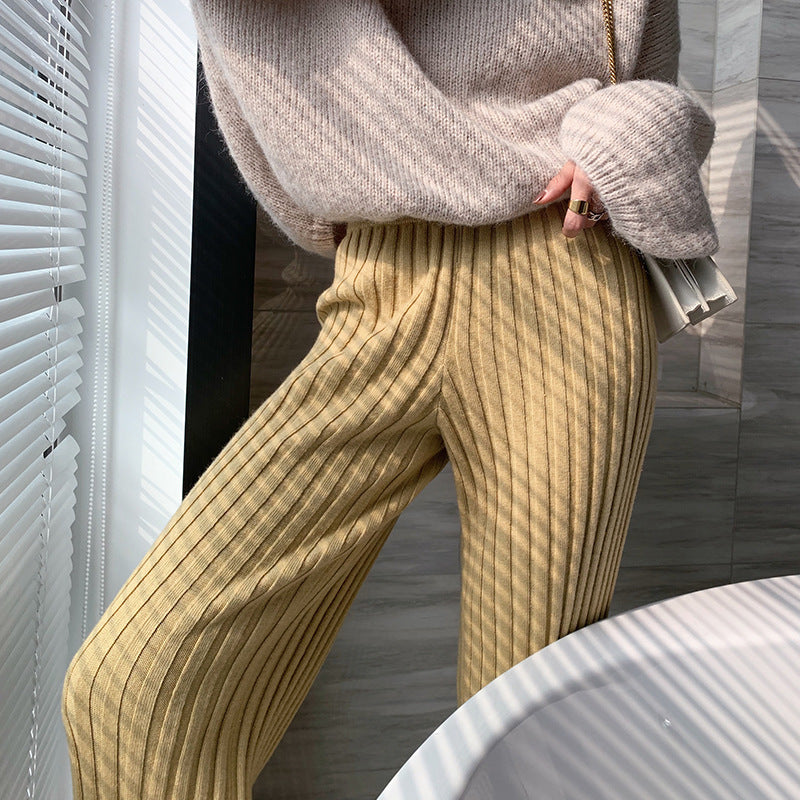 Damen Rippstrickhose Weites Bein Hoher Bund Eveloria