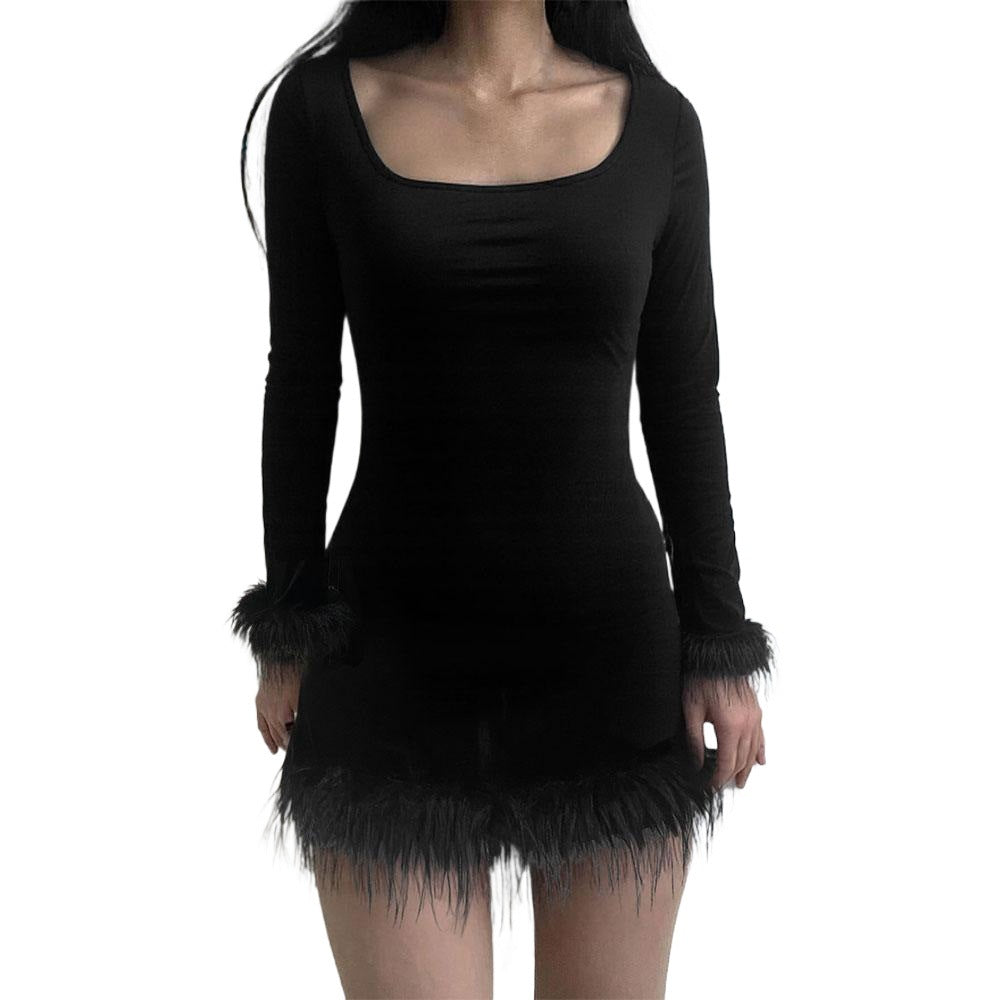 Damen Minikleid Elegante Lange Ärmel Federn Eveloria