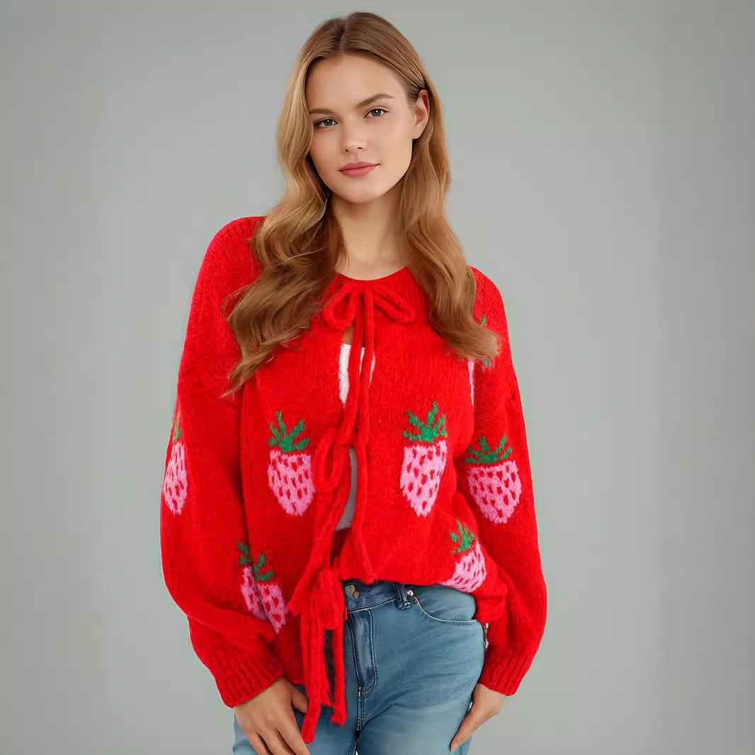 Damen Strickpullover Erdbeermotiv Rundhals Ballonärmel