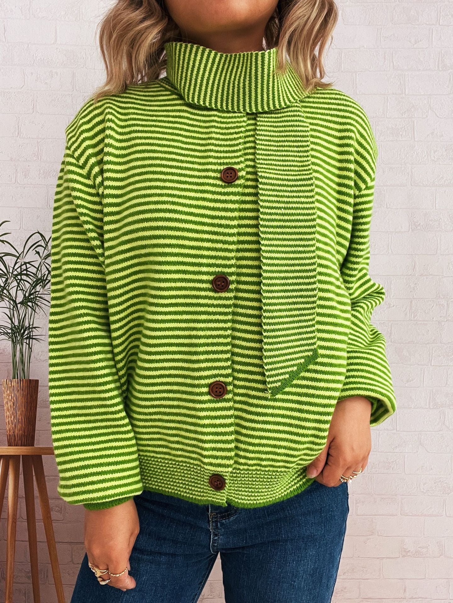 Damen Strickcardigan Gestreift Hochkragen Dekorative Knöpfe