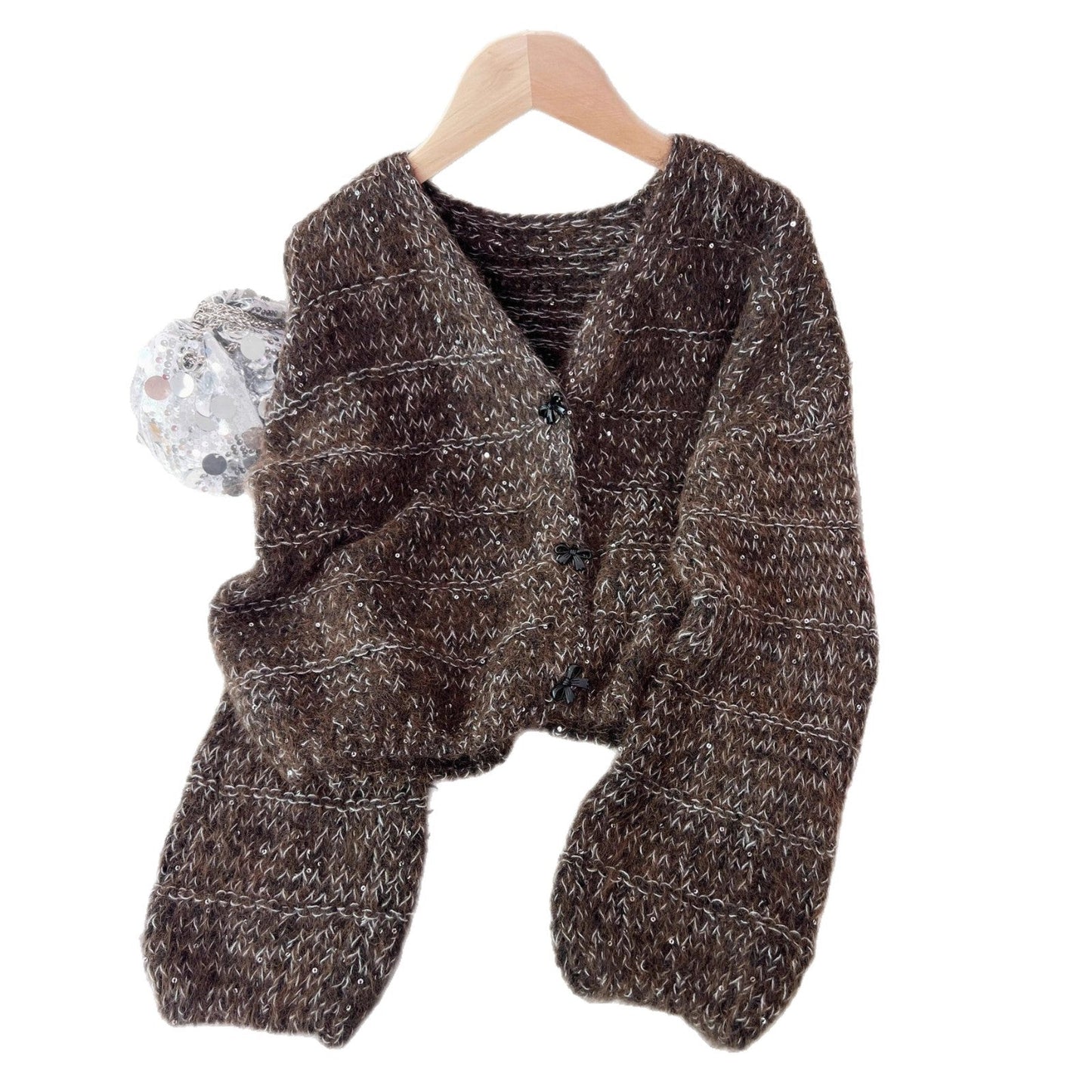 Damen Strickjacke Luftig Ballonärmel Zarte Knöpfe Beige