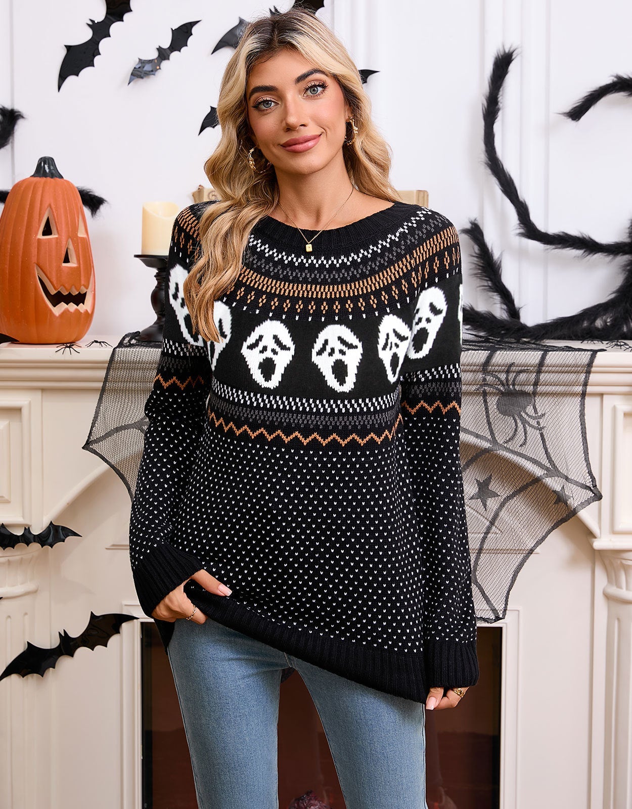 Damen Strickpullover Halloween-Motiv Gemustert