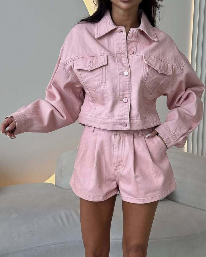 Damen Denim-Jacke Kurzärmelig Blau mit Shorts