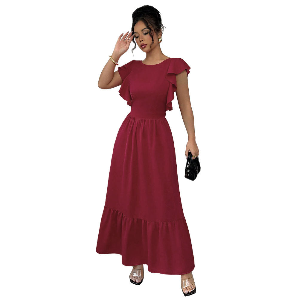 Damen Maxikleid Voluminöse Rüschen Rückenausschnitt Eveloria
