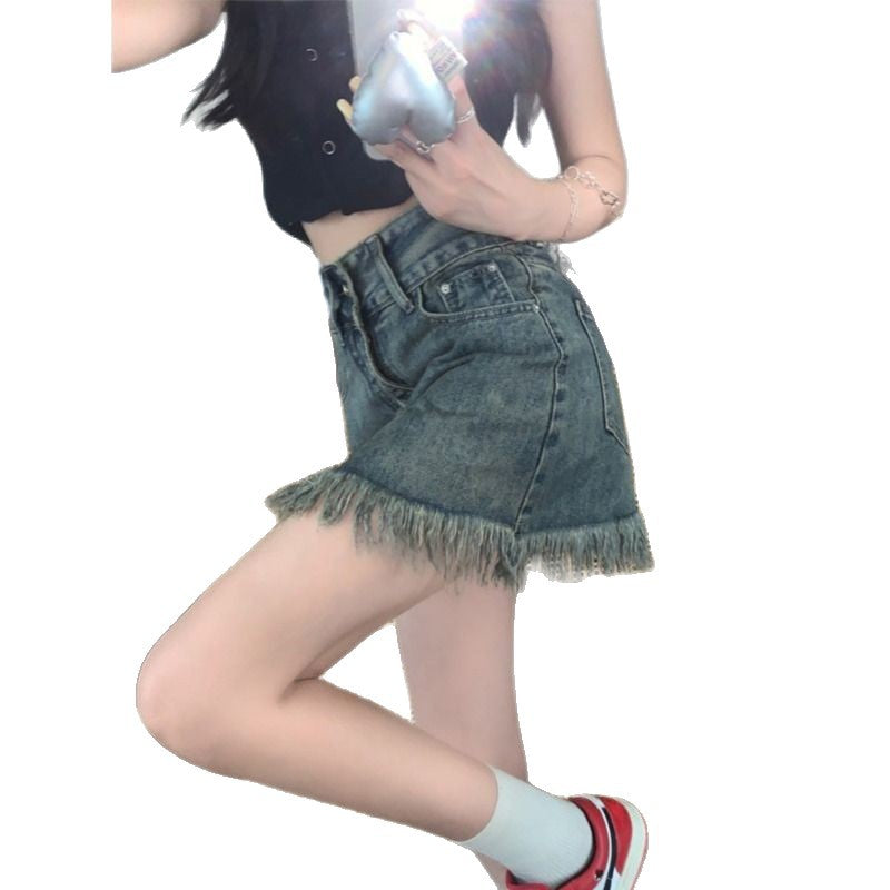 Damen Denim Shorts Fransiger Saum Hochbund