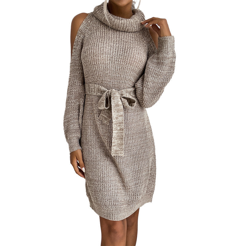 Damen Strickkleid Offene Schulter Taillengürtel Eveloria