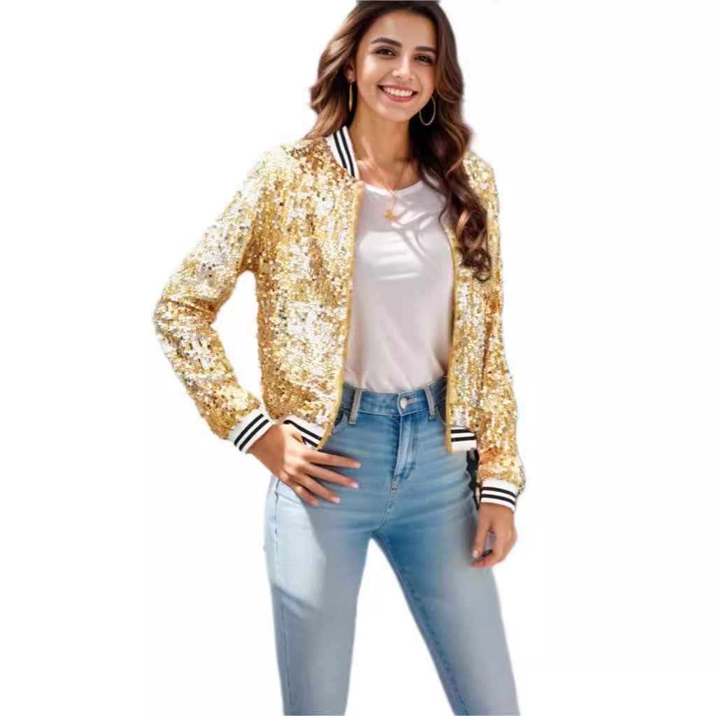 Damen Glitzernde Bomberjacke Pailletten Streifen