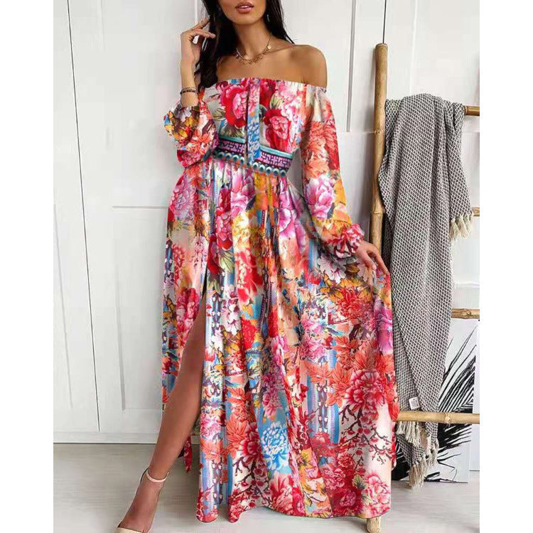 Damen Maxikleid Offene Schulter Barockmuster Eveloria