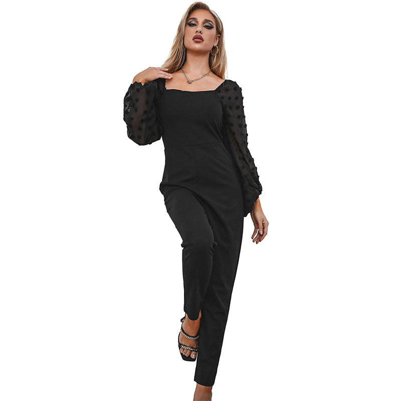 Damen Jumpsuit Eleganter Puffärmel Transparent Eveloria