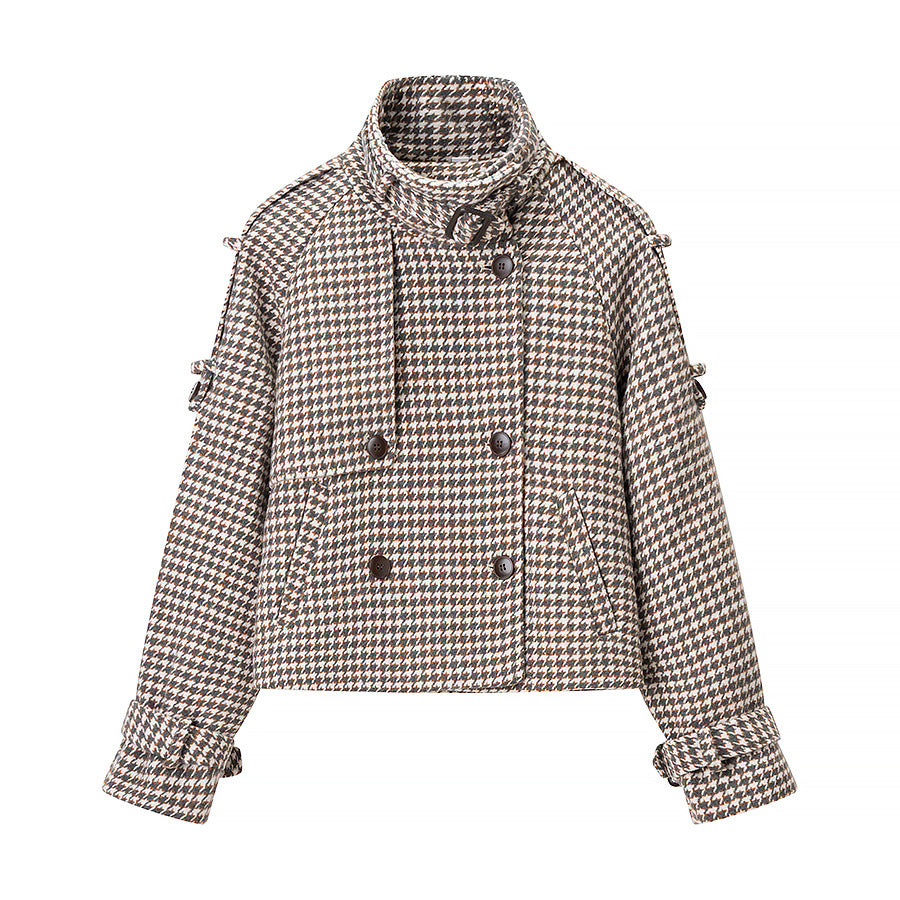 Damen Tweedjacke Doppelter Knopfleiste Dekorative Details Braun