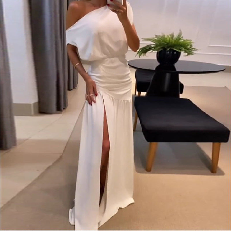 Damen Maxikleid Schulterfrei Fließendes Design Hocher Schlitz