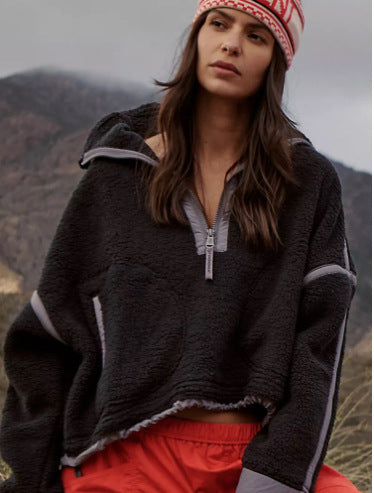 Damen Teddy-Fleece-Pullover Hochkragen Grau Eveloria