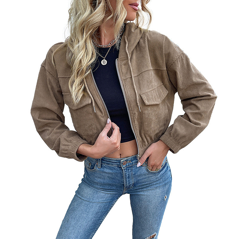 Damen Cordjacke Kurz Kapuze mit Taschen Olivgrün