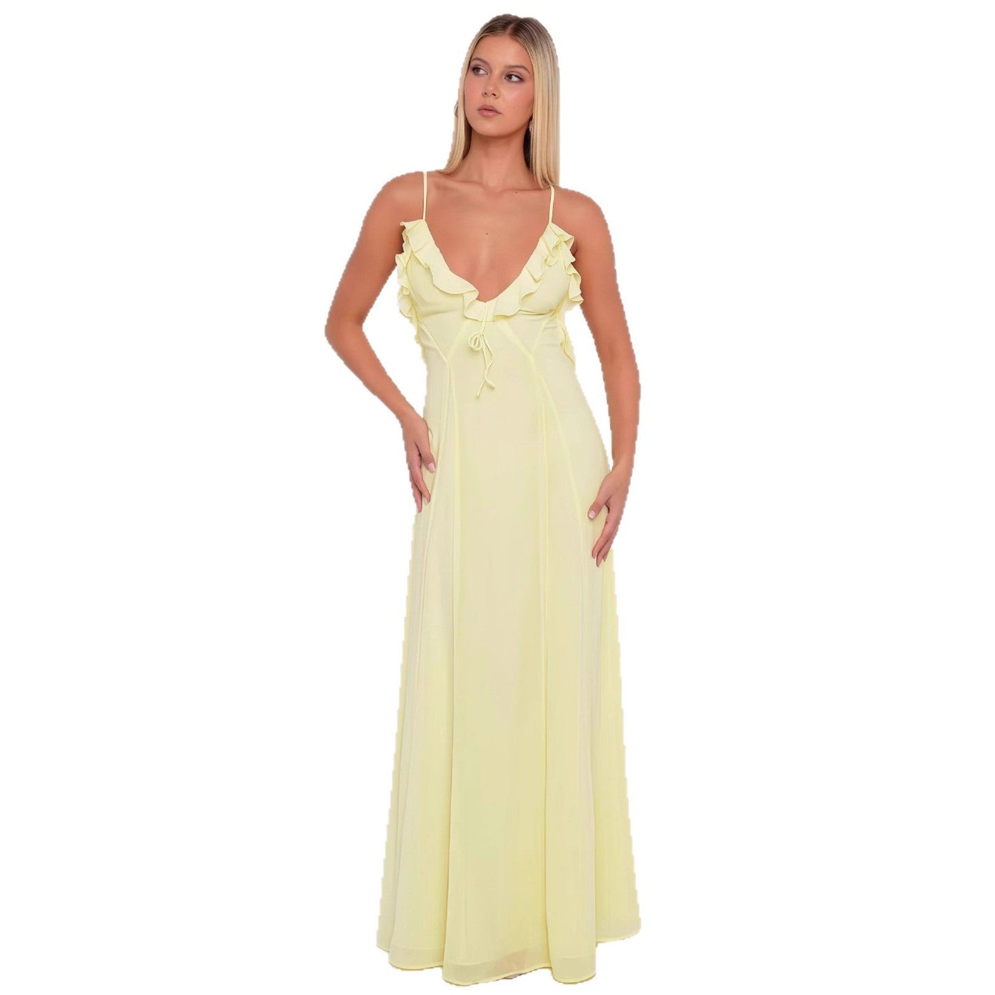 Damen Maxikleid Schulterfrei Rüschen Dekoration Tailliert