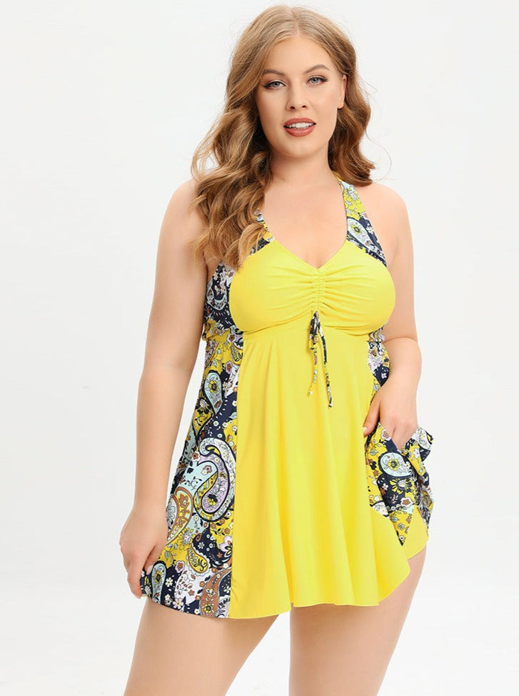 Eveloria Damen Badeanzugkleid Plus Size V-Ausschnitt mit Kreuzträgern