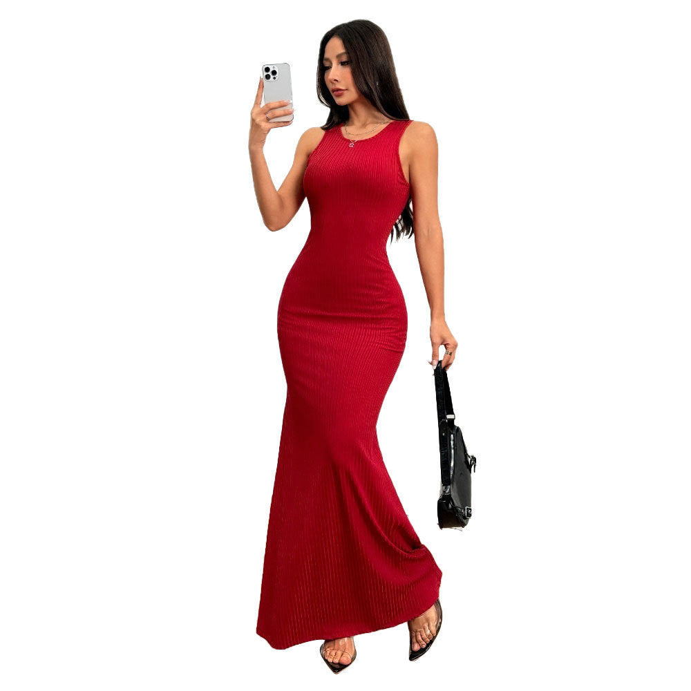Damen Ripp Maxi-Kleid Figurbetont Rundhalsausschnitt Eveloria