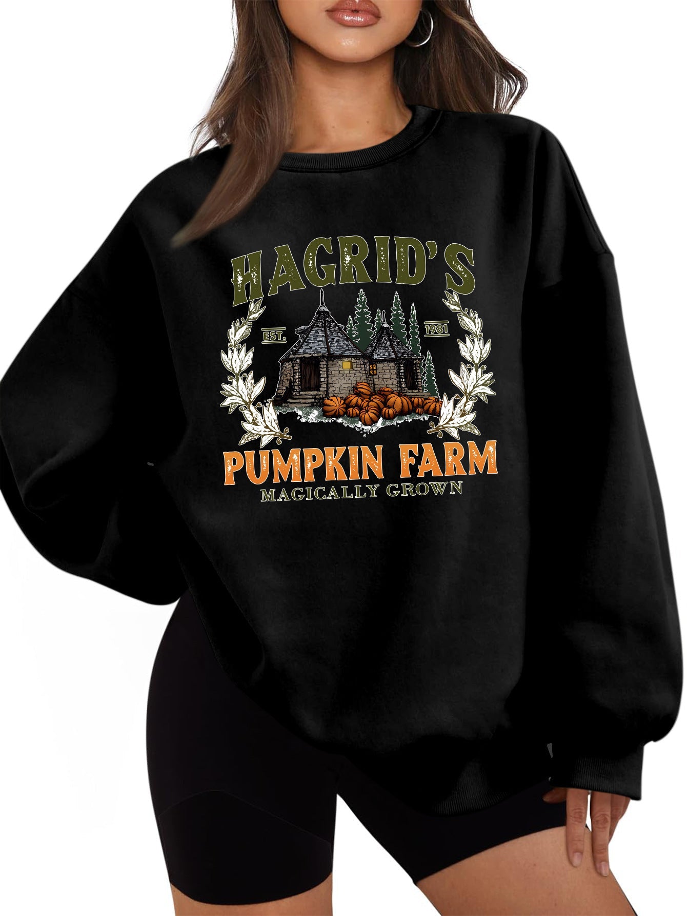 Damen Sweatshirt Rundhalsausschnitt Kürbis-Motiv Herbstlich