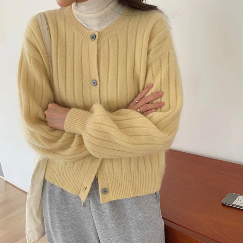 Damen Knopfstrickjacke Rippstruktur Kuschelig Grau Eveloria