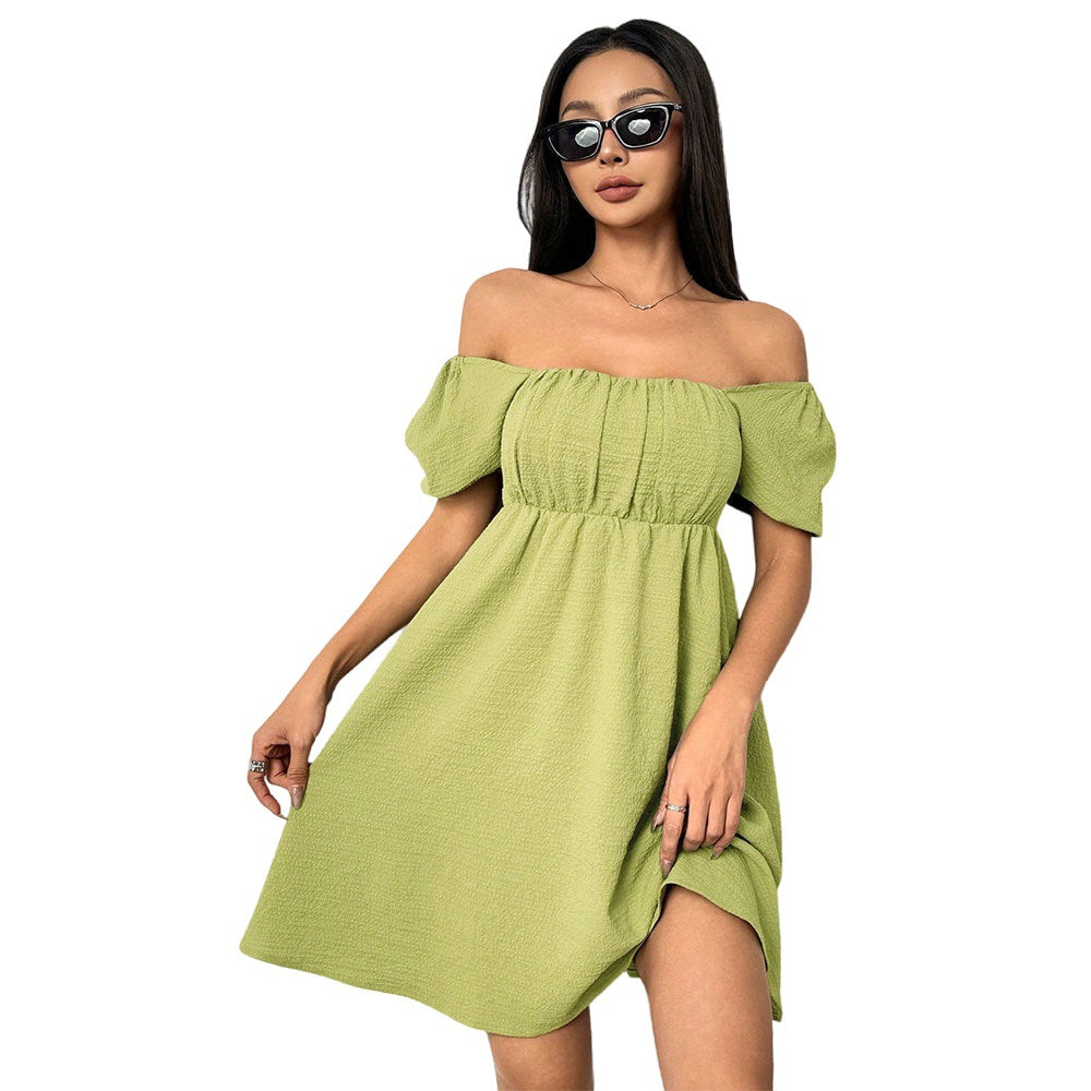Damen Sommerkleid Off-Shoulder Puffärmel Seitenschlitz Eveloria