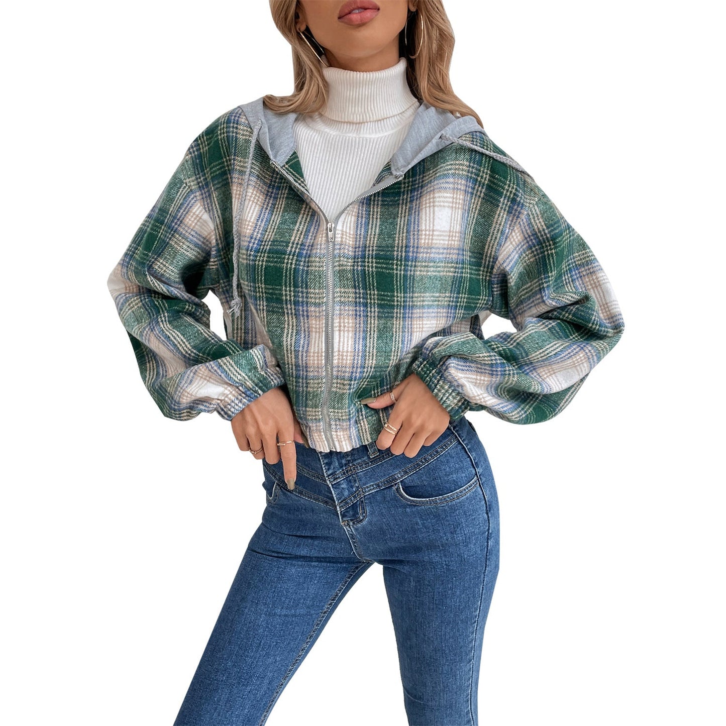 Damen Cropped Flanelljacke Kapuze Karomuster Eveloria