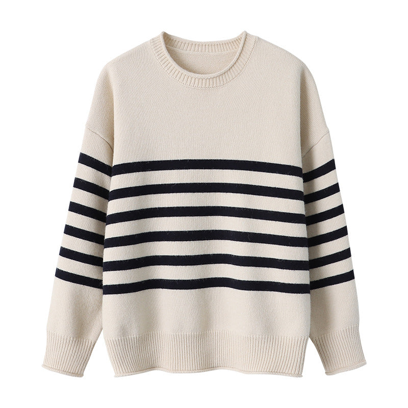 Damen Pullover Gestreift Rundhals Feinestricks weiß