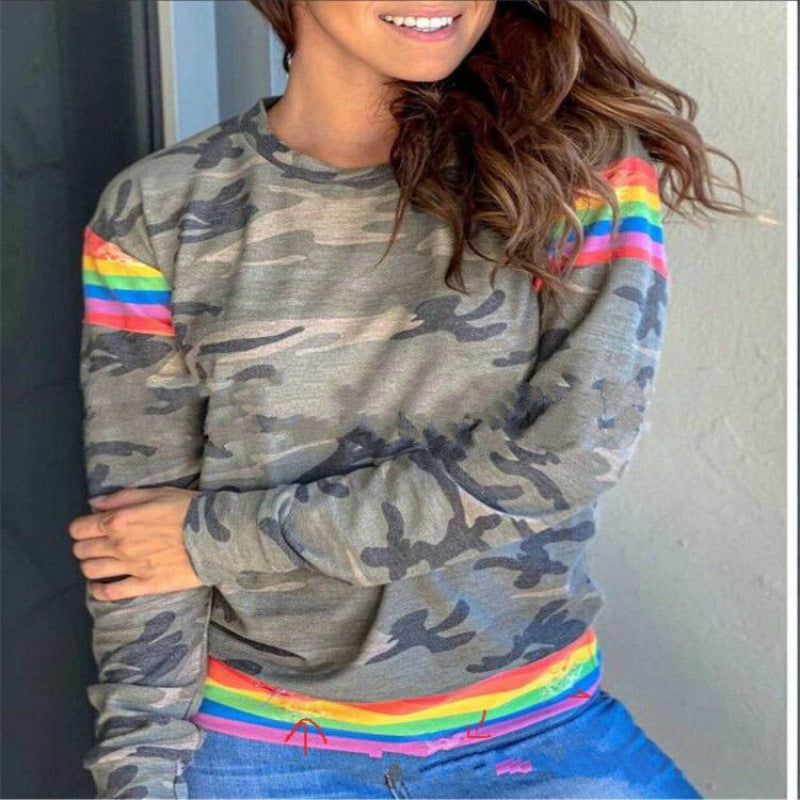 Damen Sweatshirt Bunt Camouflage Muster Regenbogenfarben