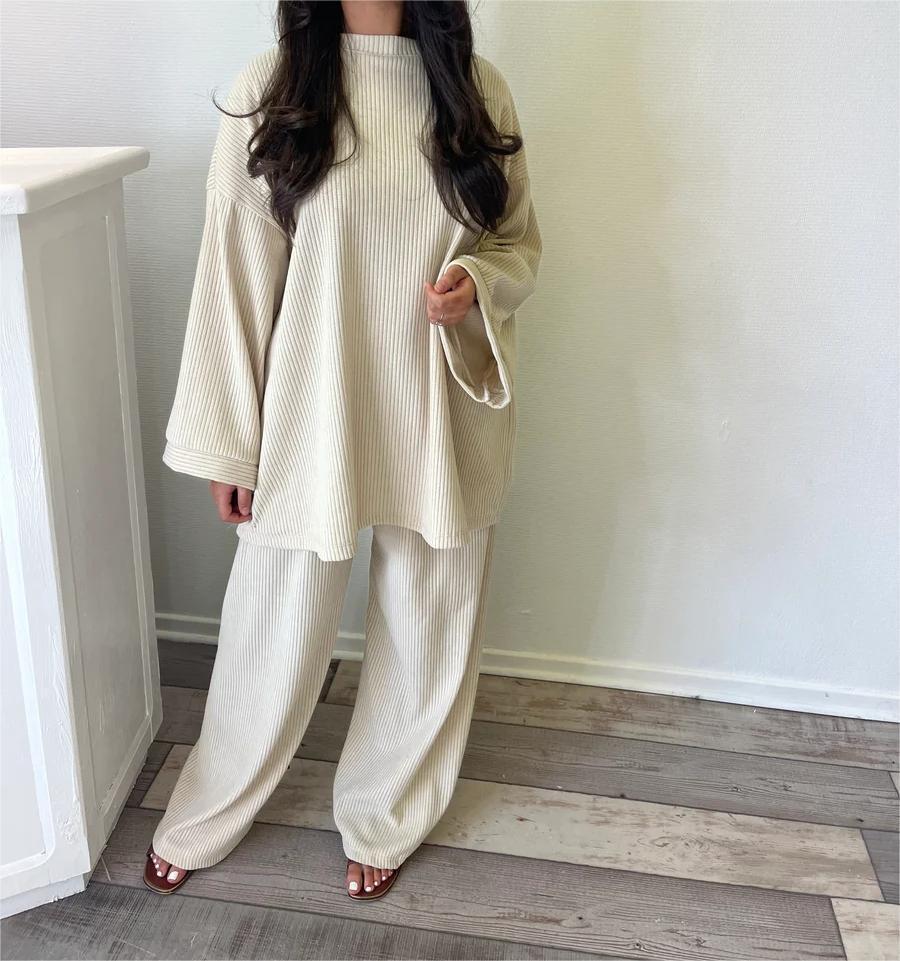 Damen Lounge-Set Weiches Rippmaterial Weit Schnitt Beige
