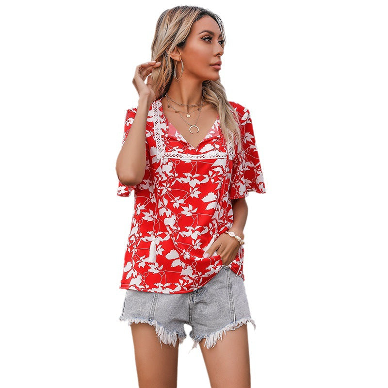 Damen Bluse Florales Muster V-Ausschnitt Elegante Bluse