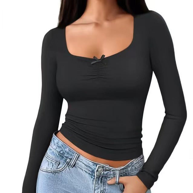 Damen Langarmshirt Quadratischer Ausschnitt Raffiniert Blau Eveloria