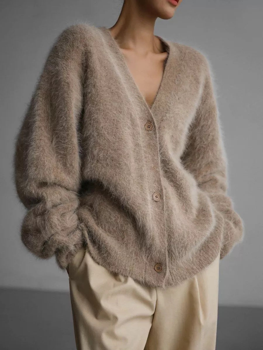 Damen Cardigan Mohair-Mix Knopfverschluss Beige